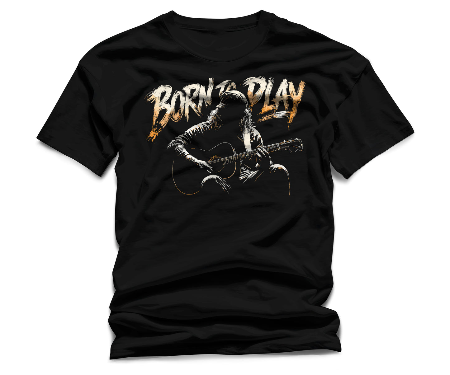 Black t-shirt with graphic of person playing guitar and 'Born to Play' text on a white background