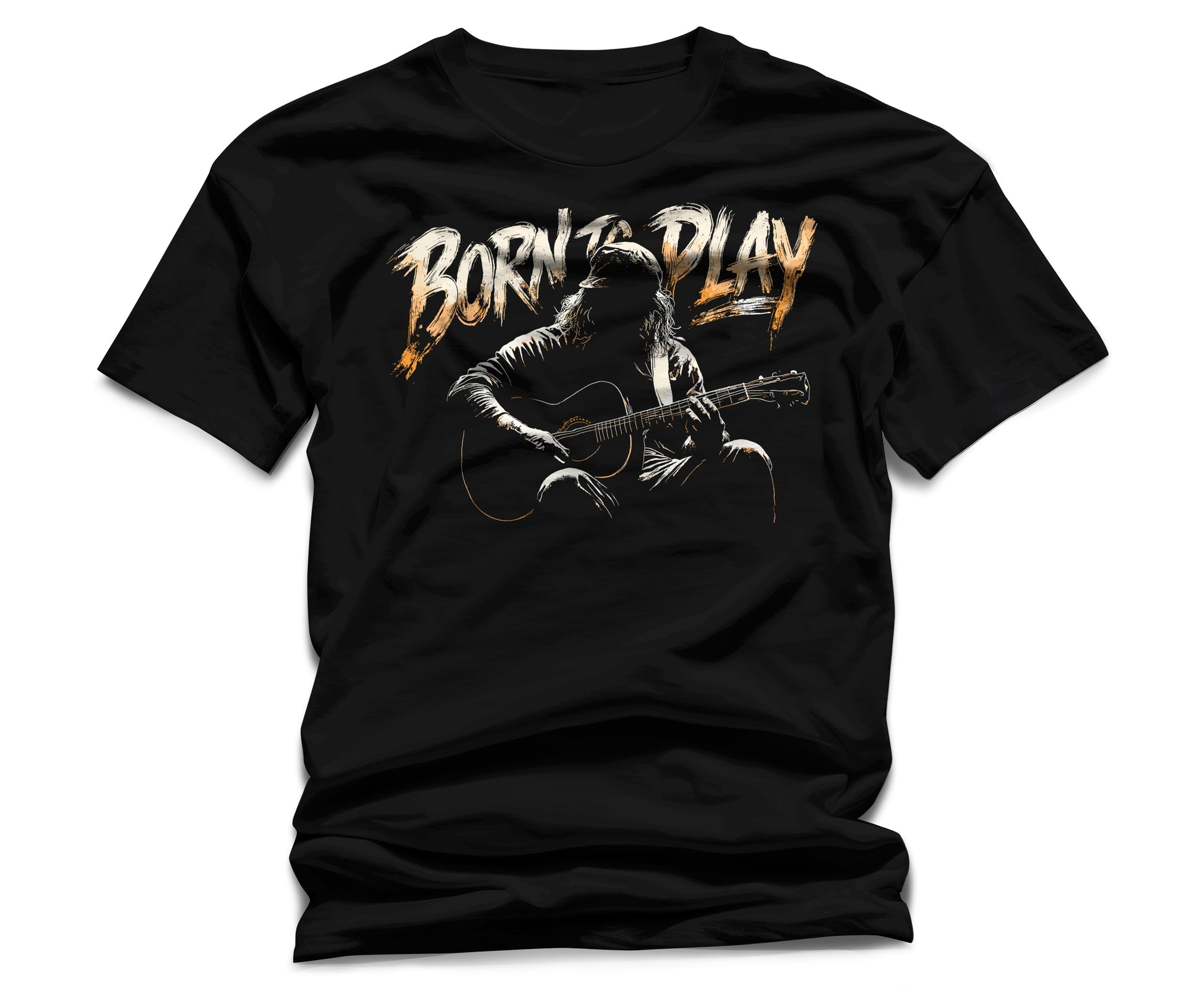 Black t-shirt with graphic of person playing guitar and 'Born to Play' text on a white background