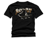 Black t-shirt with graphic of person playing guitar and 'Born to Play' text on a white background