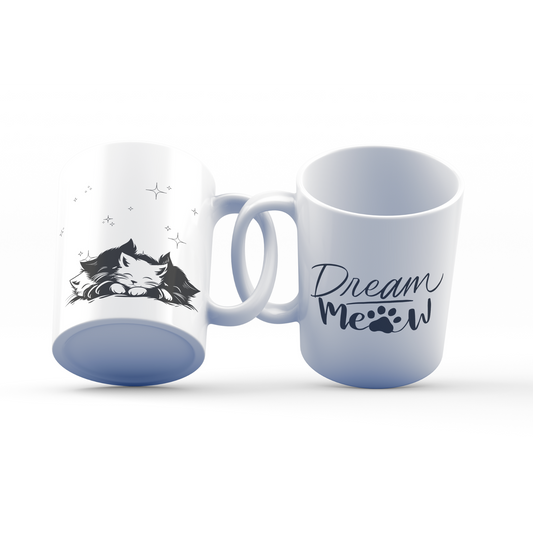 Dream Meow Mug – 11oz Sublimation Ceramic Mug, Cute Sleeping Cat Coffee Cup