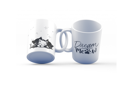 Dream Meow Cat Mug 11oz – Sleeping Kittens Coffee Cup with Minimalist Design & Paw Print Typography