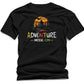 Black t-shirt with colorful graphic and text on a white background