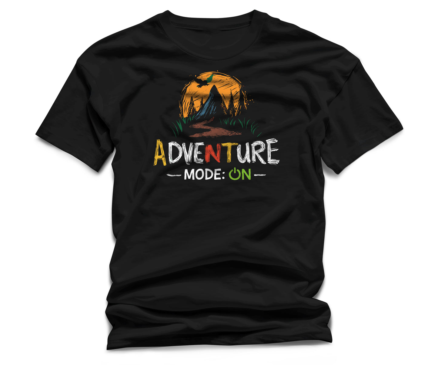 Black t-shirt with colorful graphic and text on a white background