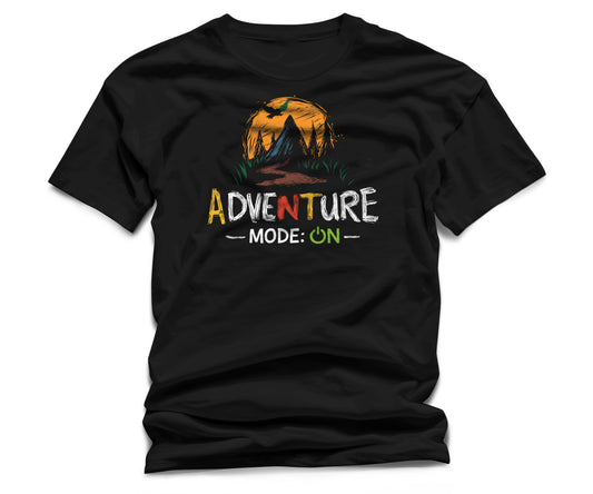 Black t-shirt with colorful graphic and text on a white background