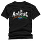 Black t-shirt with 'Adventure wander. wonder. repeat.' text design on a white background