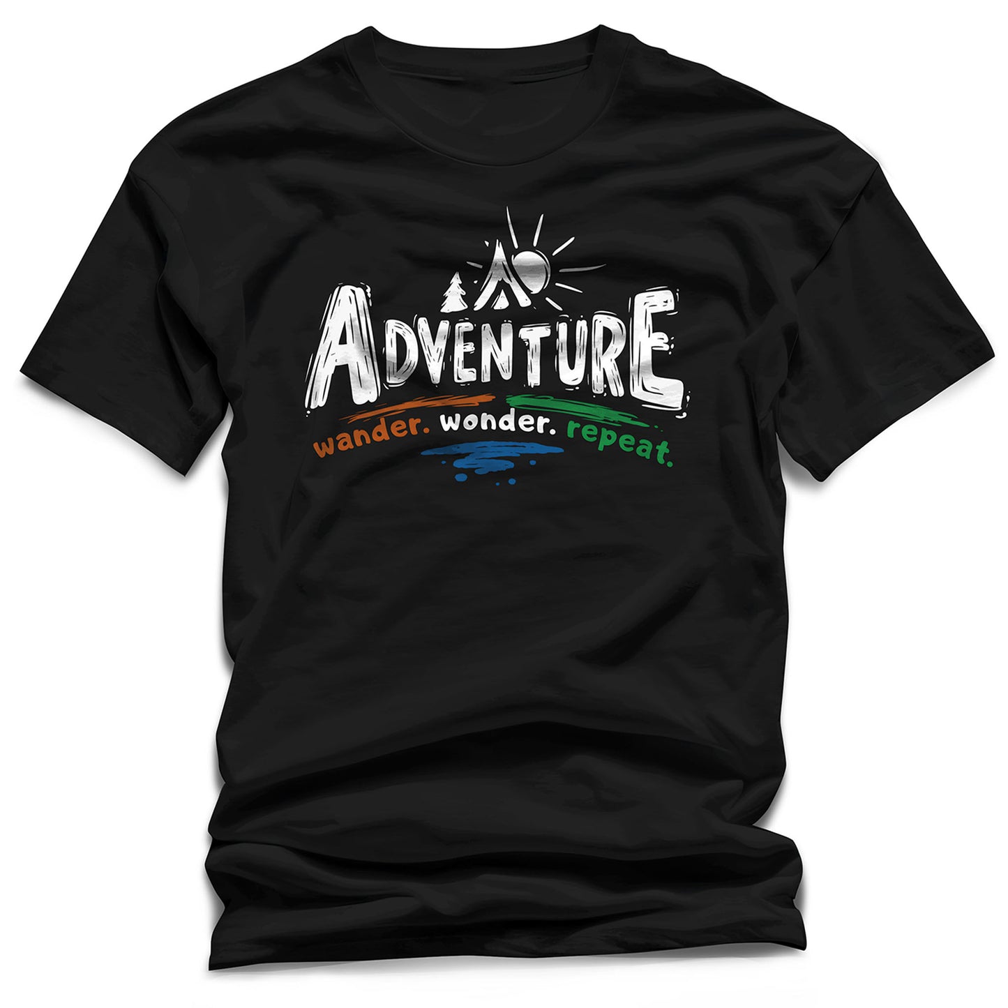 Black t-shirt with 'Adventure wander. wonder. repeat.' text design on a white background