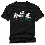 Black t-shirt with 'Adventure wander. wonder. repeat.' text design on a white background