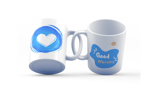 Two mugs with decorative designs on a white background