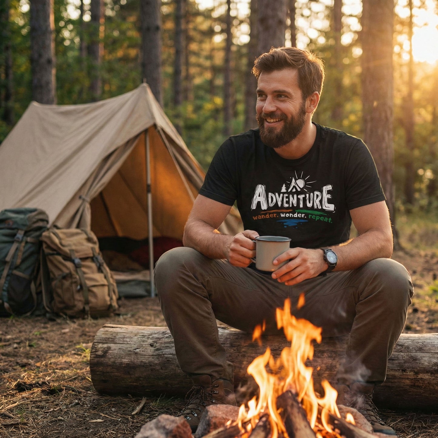 Man sitting by a campfire with a tent in the background