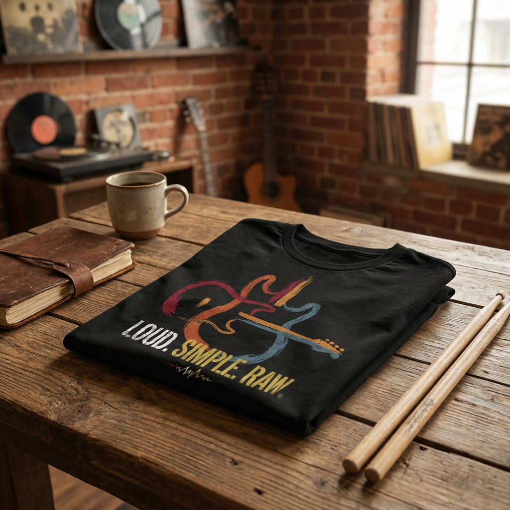 Loud Simple Raw T-Shirt – Guitar Graphic Unisex Tee, Music Lover Vintage Style Shirt