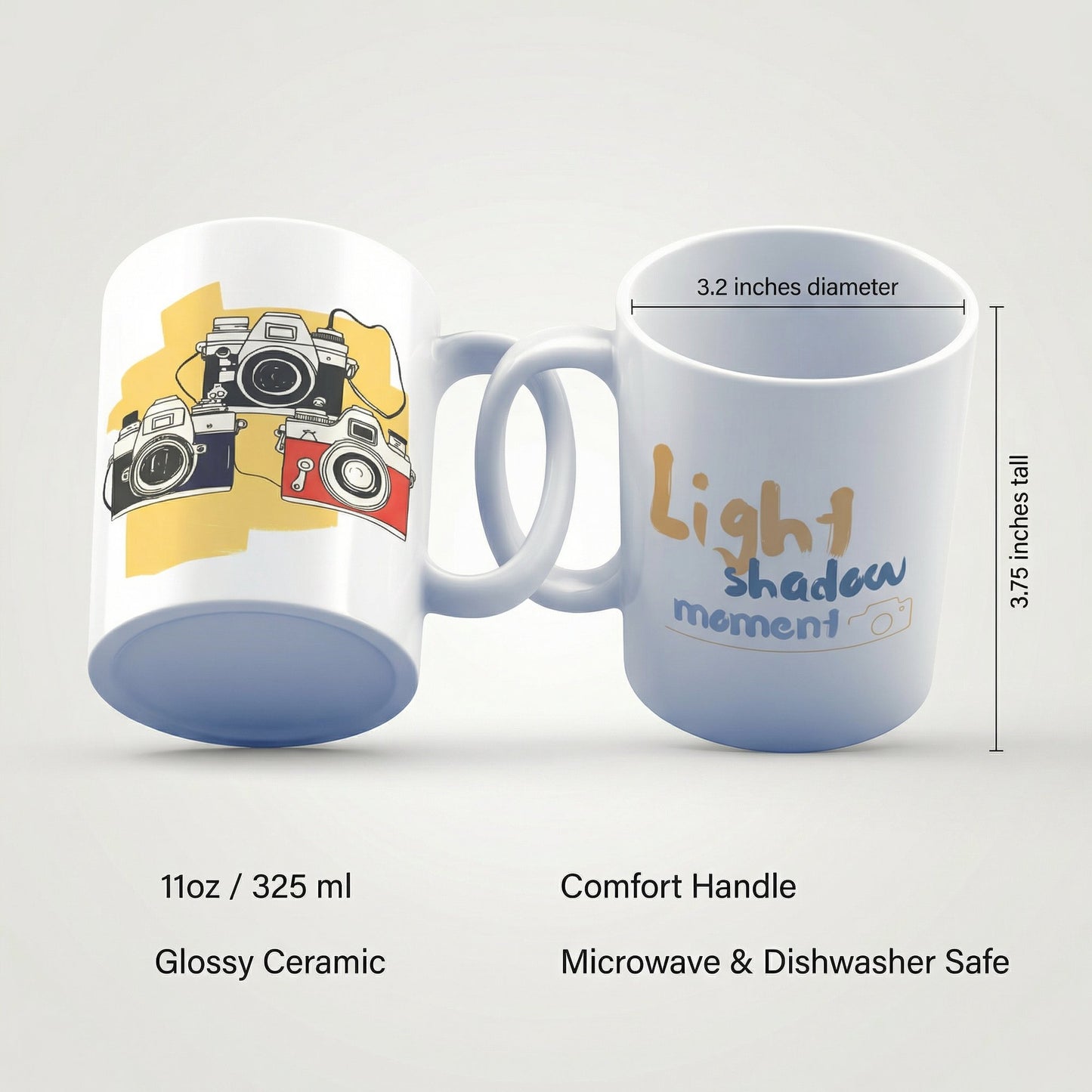 Light Shadow Moment Mug – 11oz Sublimation Ceramic Mug, Camera Lover Coffee Cup