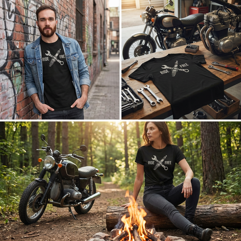 Ride Free T-Shirt – Biker Mechanic Graphic Tee, Motorcycle Garage Unisex Shirt