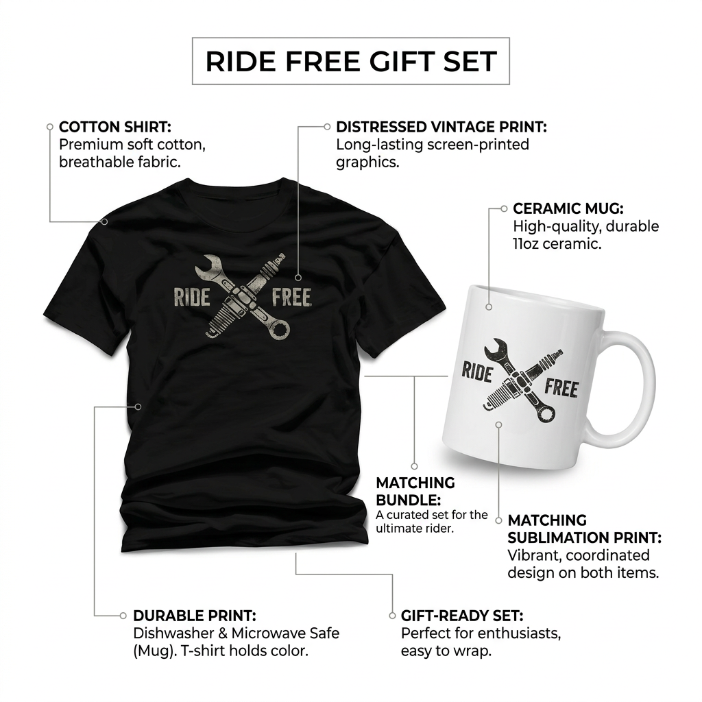 Ride Free Gift Set – Black T-Shirt and 11oz Mug, DTF Tee + Sublimation Mug