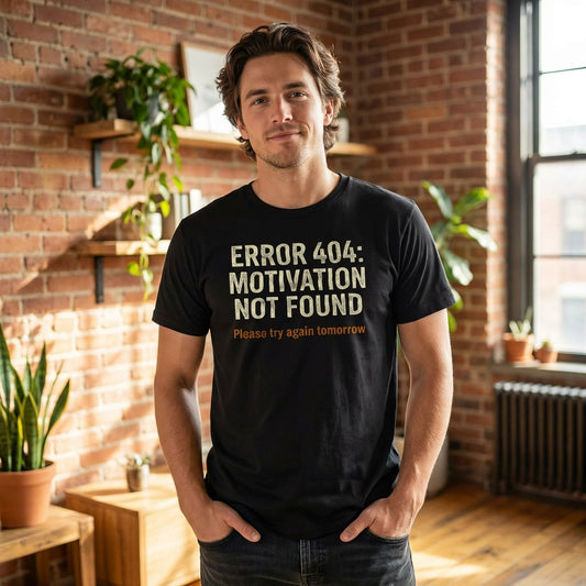 Error 404 Motivation Not Found T-Shirt – Men’s Black Funny Quote Tee | WildVero