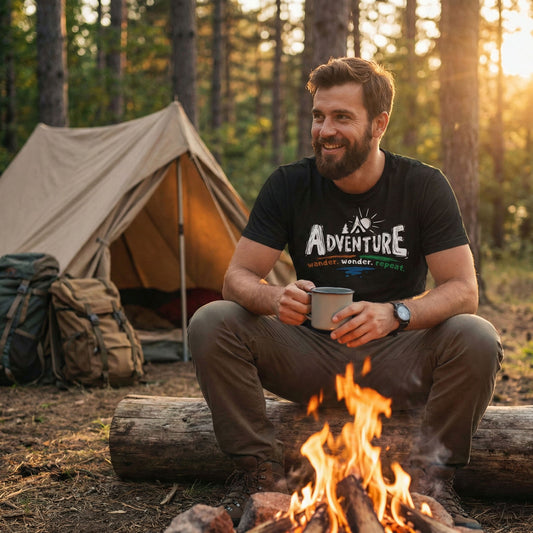Man sitting by a campfire with a tent in the background