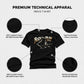 Black t-shirt with graphic design on a white background, featuring text about premium technical apparel.