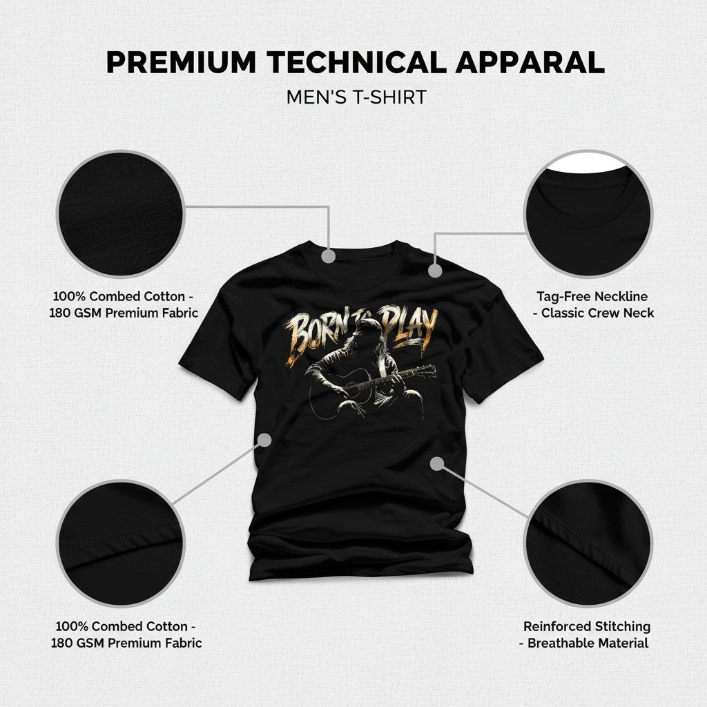 Black t-shirt with graphic design on a white background, featuring text about premium technical apparel.