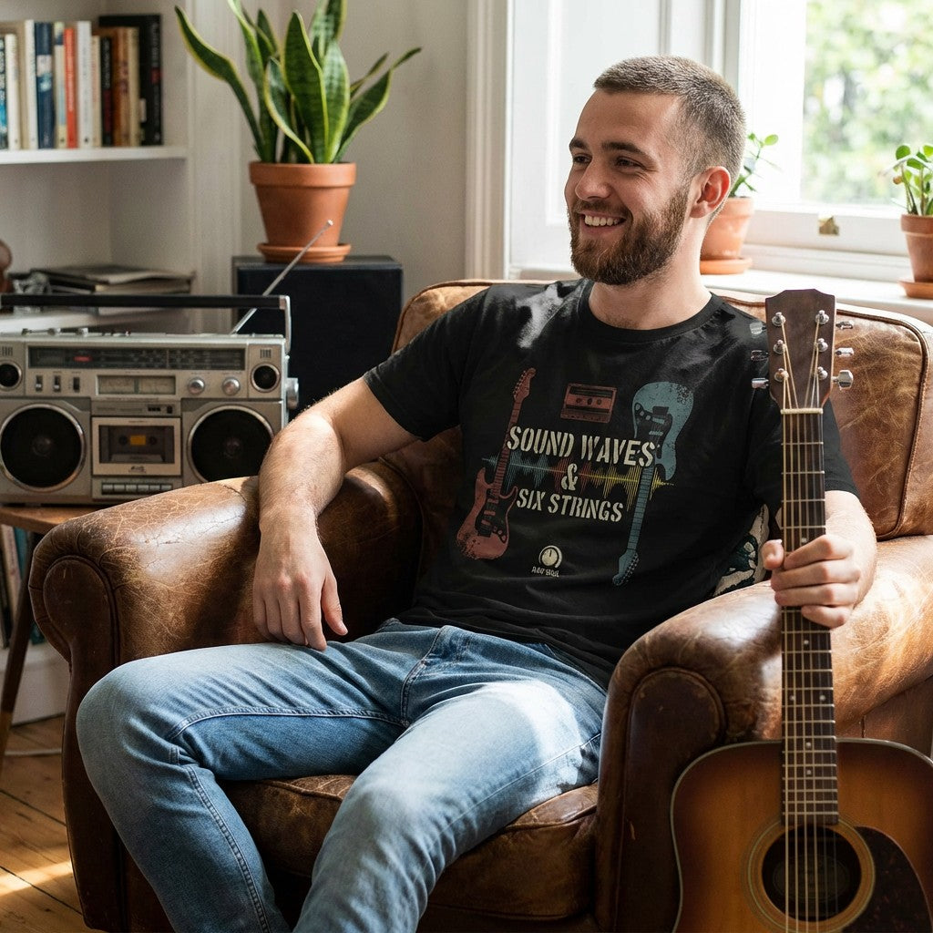 "Sound Waves & Six Strings" T-Shirt – Vintage Guitar & Cassette Analog Music Tee