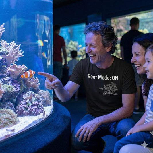 Family at an aquarium observing fish, with a person pointing at a clownfish.