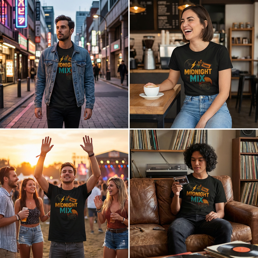 Midnight Mix T-Shirt – Retro Music Graphic Unisex Tee, Cassette Boombox Vintage Shirt