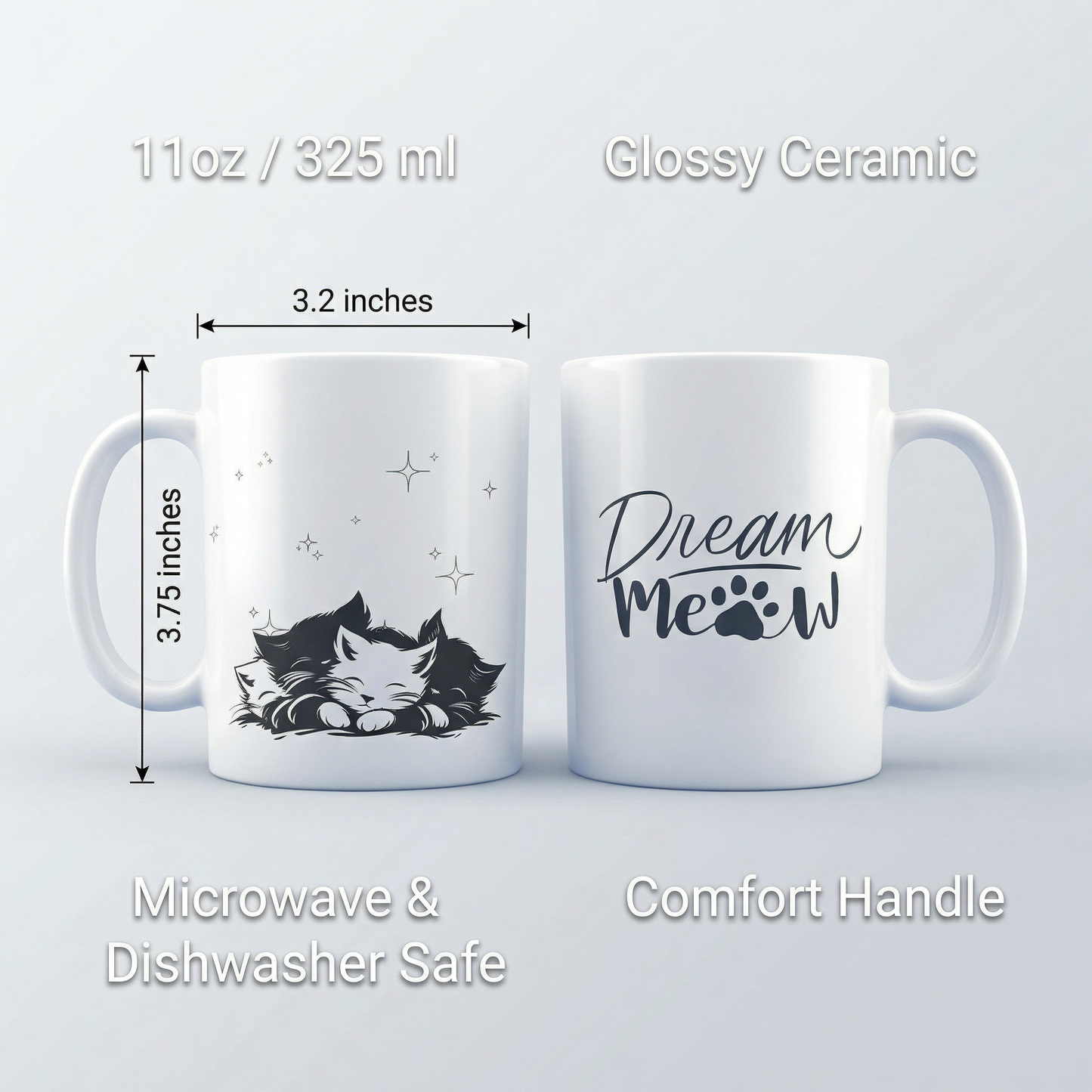 Dream Meow Mug – 11oz Sublimation Ceramic Mug, Cute Sleeping Cat Coffee Cup