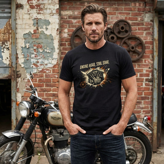 Engine Roar Soul Soar Motorcycle T-Shirt – Men’s Black Biker Graphic Tee | WildVero