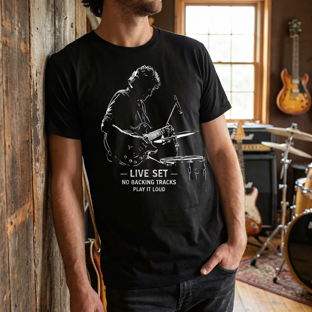 Live Set No Backing Tracks T-Shirt – Men’s Black Guitarist Graphic Tee | WildVero