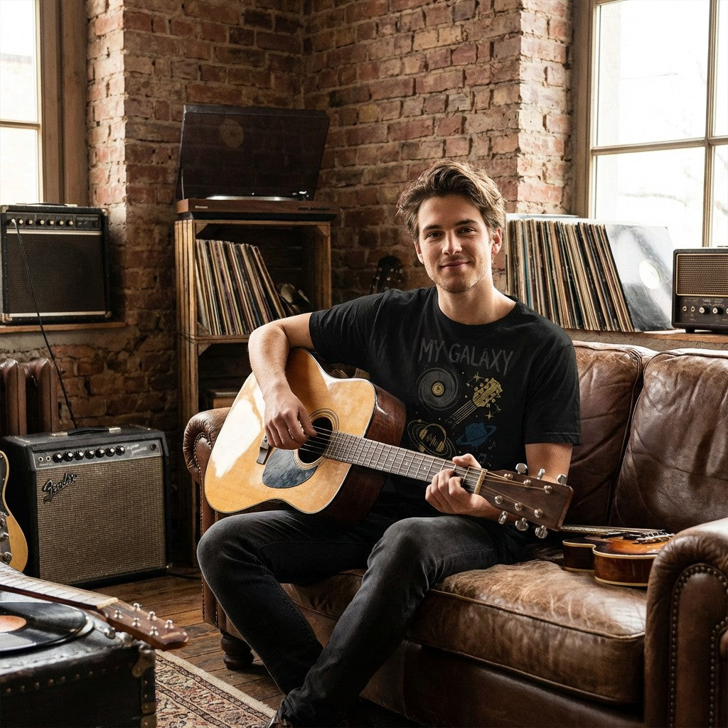 "My Galaxy" Cosmic Music Icons T-Shirt – Vinyl, Guitar & Headphones Graphic Tee