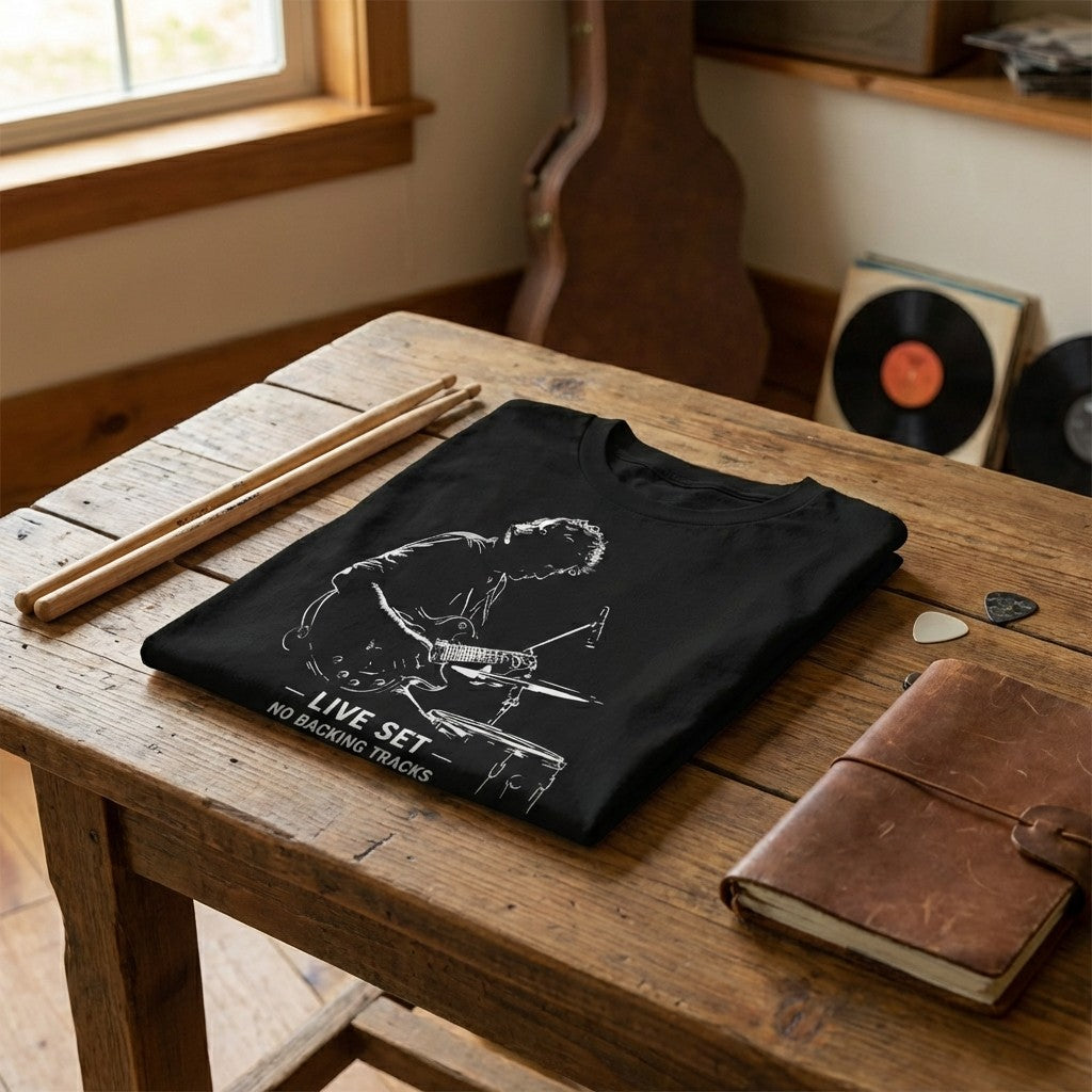 Live Set No Backing Tracks T-Shirt – Men’s Black Guitarist Graphic Tee | WildVero
