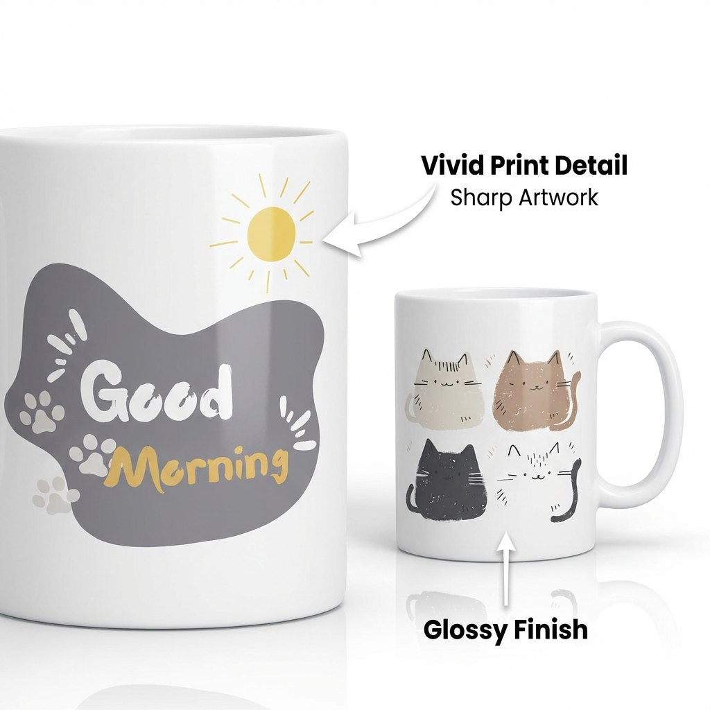 Cute Cat Good Morning Mug 11oz – Minimalist Ceramic Coffee Mug, Sublimation Cat Lover Cup