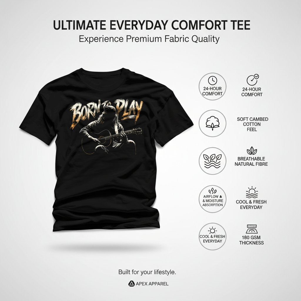 Black t-shirt with graphic design on a white background, featuring text about comfort and fabric quality.
