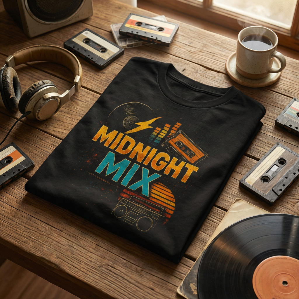 Midnight Mix T-Shirt – Retro Music Graphic Unisex Tee, Cassette Boombox Vintage Shirt