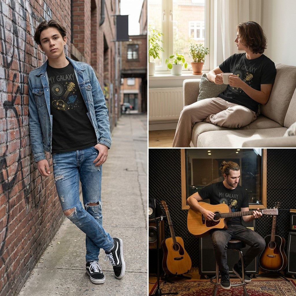 "My Galaxy" Cosmic Music Icons T-Shirt – Vinyl, Guitar & Headphones Graphic Tee