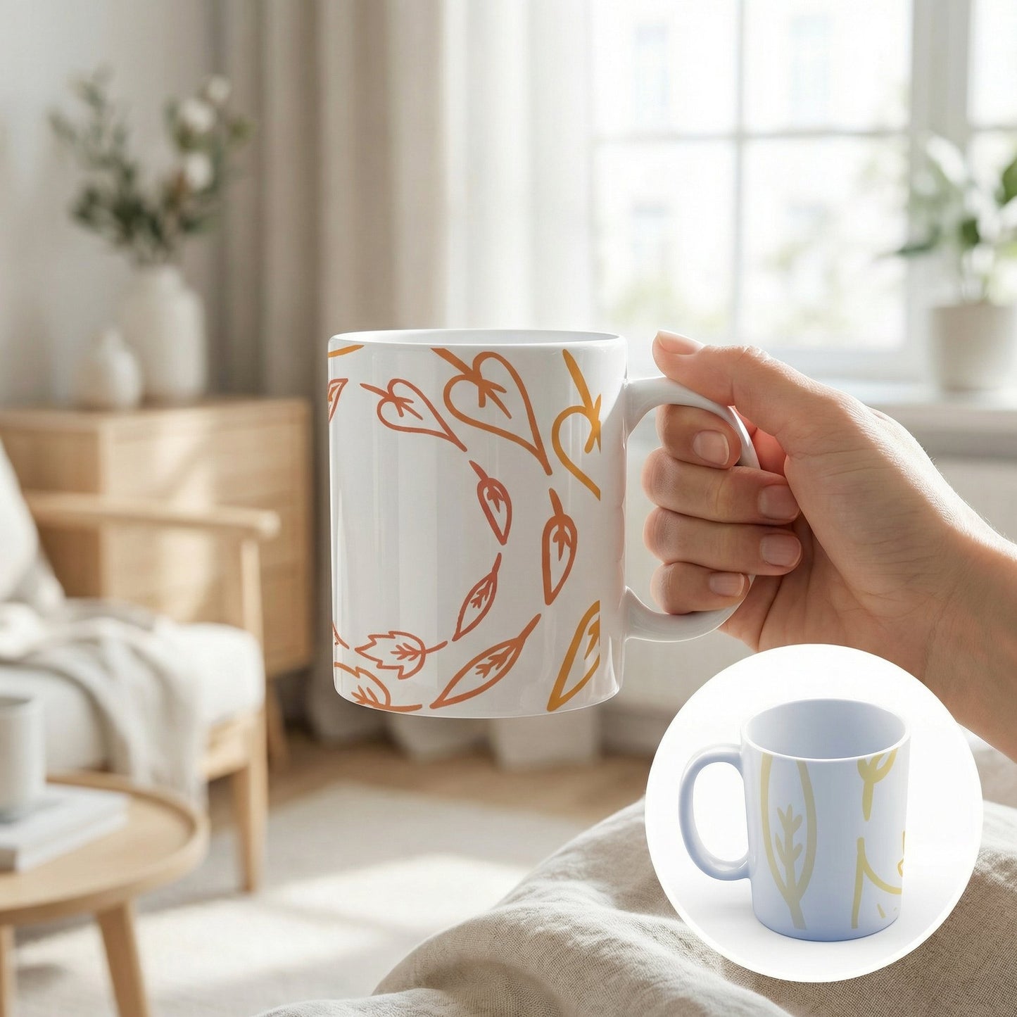 Abstract Botanical Mug – 11oz Sublimation Ceramic Mug, Minimal Leaf Coffee Cup