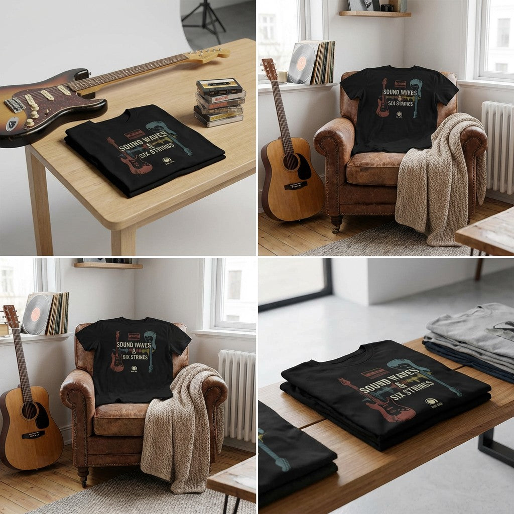 "Sound Waves & Six Strings" T-Shirt – Vintage Guitar & Cassette Analog Music Tee