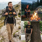 Collage of a man with a backpack hiking, sitting by a campfire, and standing next to a tree, all wearing an 'Adventure Mode On' t-shirt.