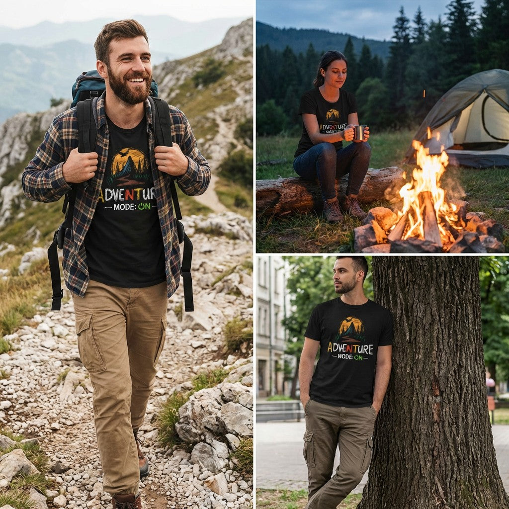 Collage of a man with a backpack hiking, sitting by a campfire, and standing next to a tree, all wearing an 'Adventure Mode On' t-shirt.