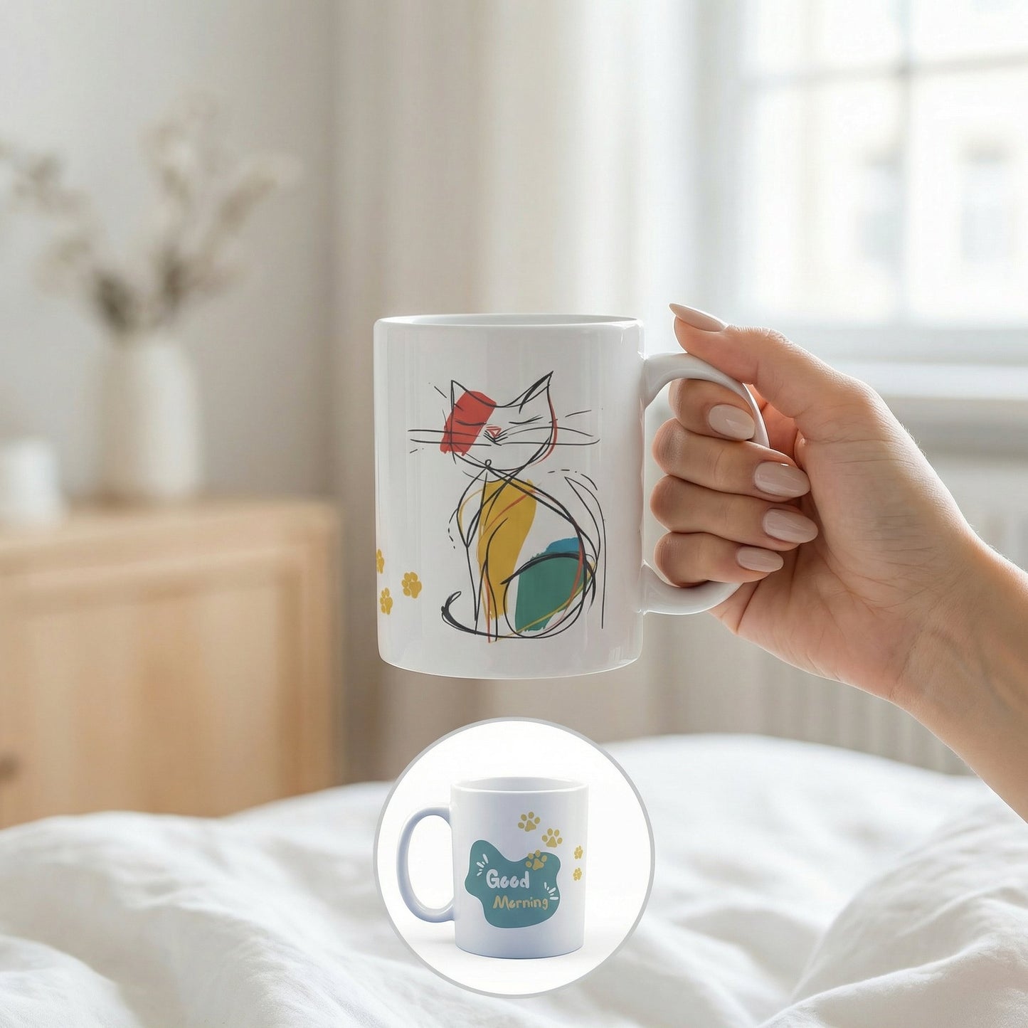Good Morning Cat Mug – 11oz Sublimation Ceramic Mug, Cute Cat Coffee Cup