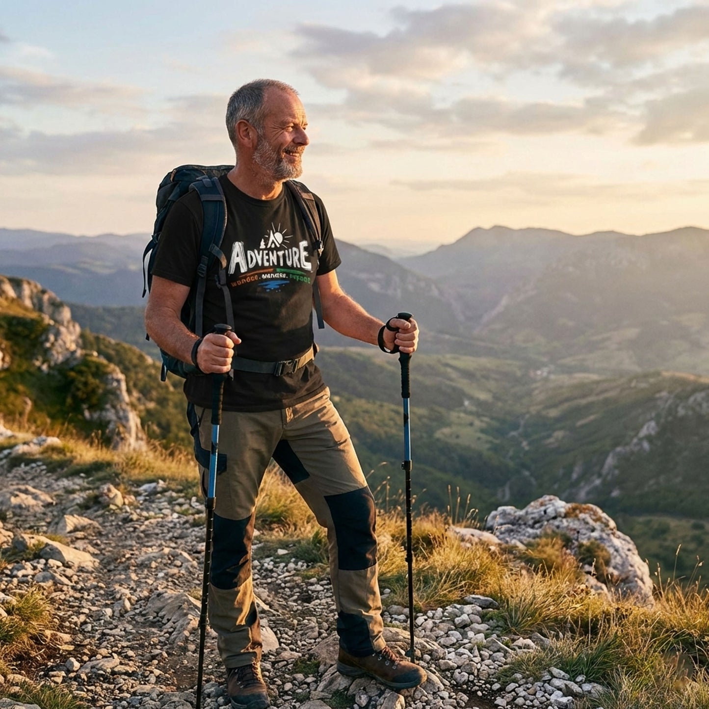 Man hiking on a mountain trail with a scenic view in the background