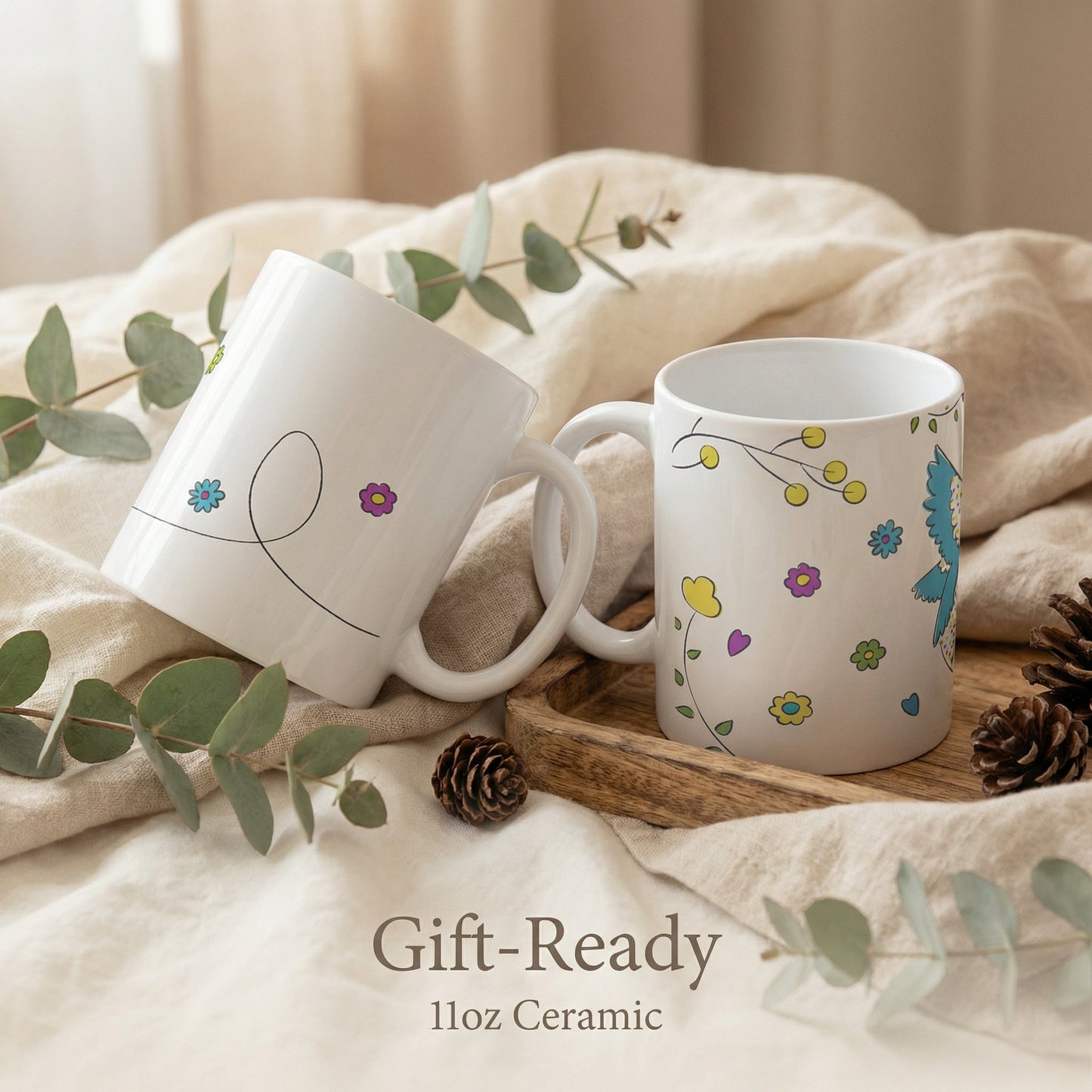 Floral Bird Mug – 11oz Sublimation Ceramic Mug, Cute Nature Coffee Cup