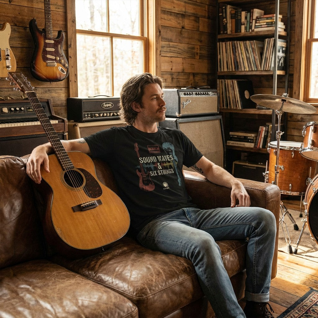 "Sound Waves & Six Strings" T-Shirt – Vintage Guitar & Cassette Analog Music Tee