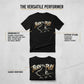Black t-shirt with 'Born to Play' graphic design on a gray background