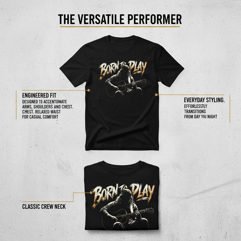 Black t-shirt with 'Born to Play' graphic design on a gray background
