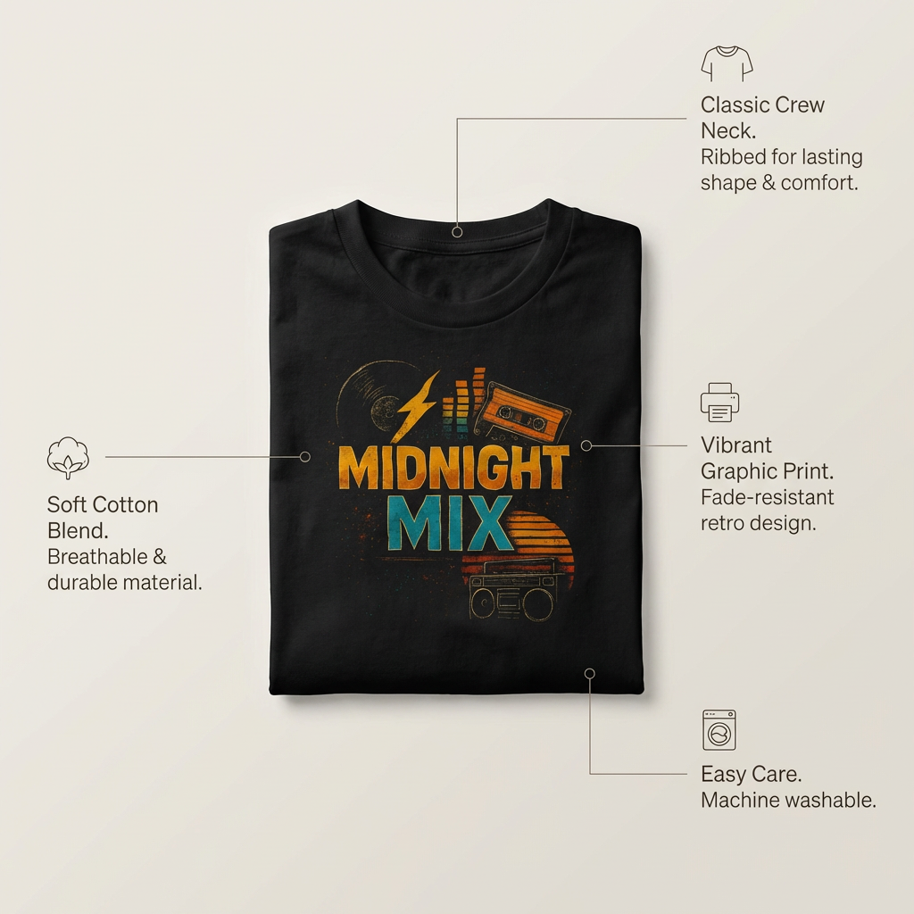 Midnight Mix T-Shirt – Retro Music Graphic Unisex Tee, Cassette Boombox Vintage Shirt