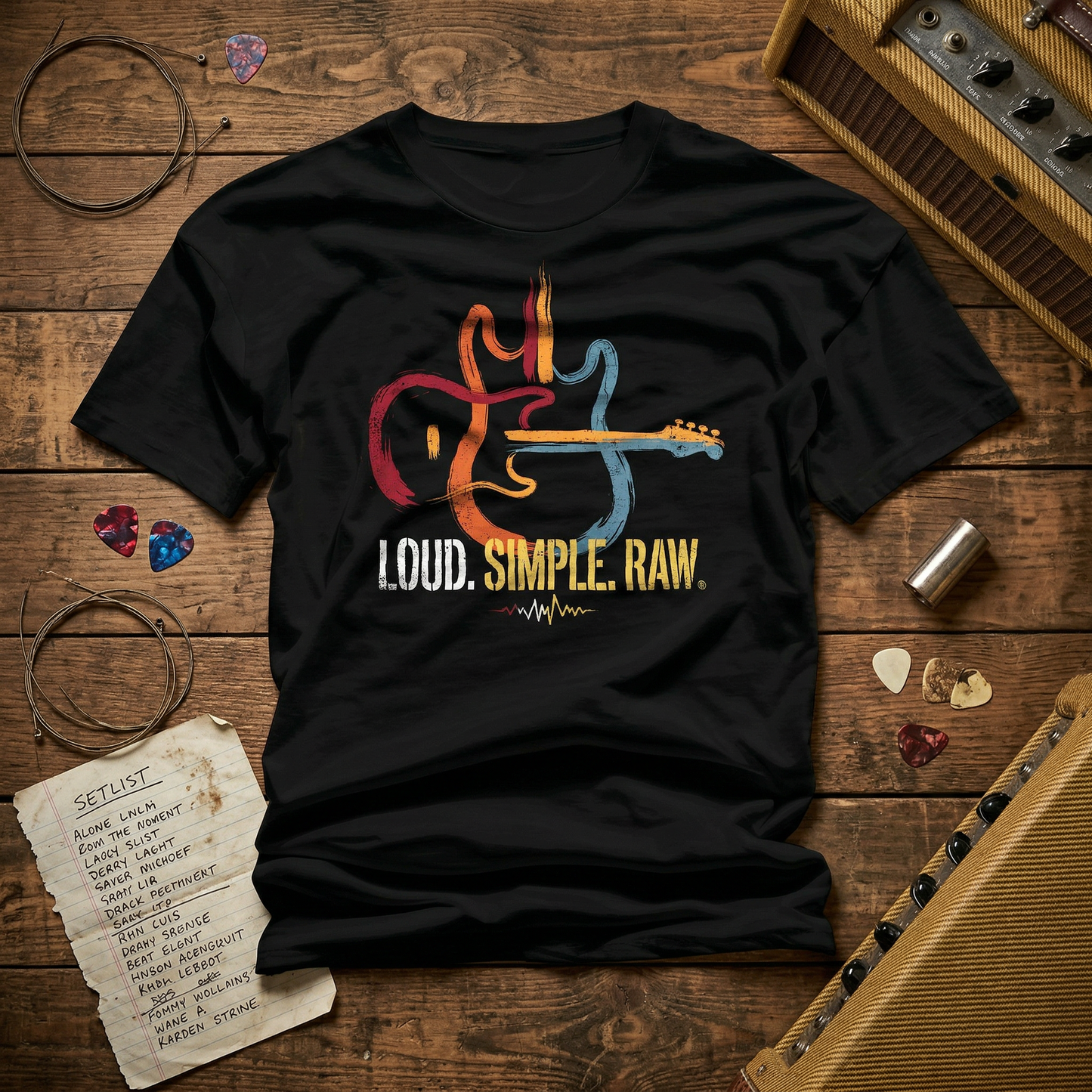 Loud Simple Raw T-Shirt – Guitar Graphic Unisex Tee, Music Lover Vintage Style Shirt
