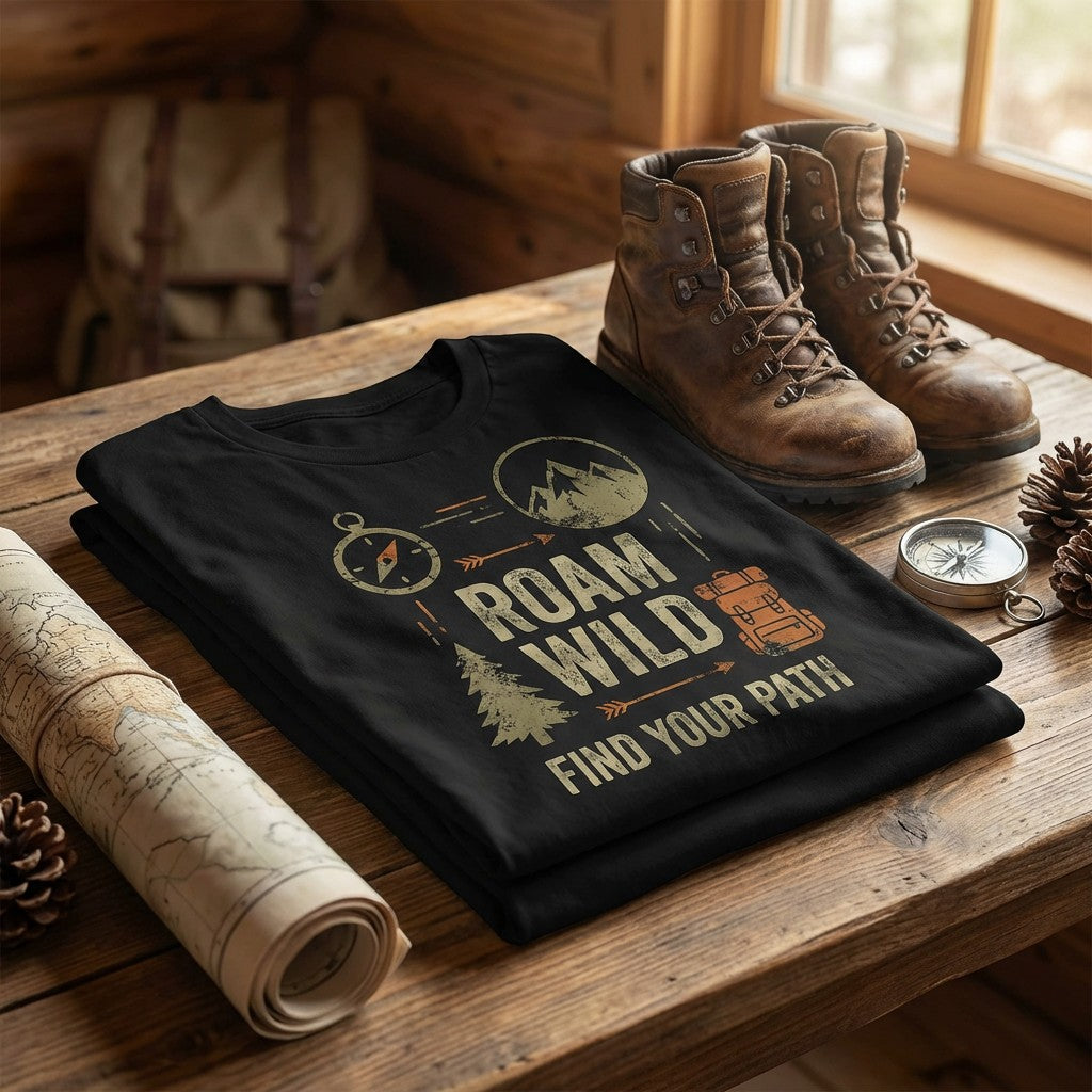 "Roam Wild: Find Your Path" Hiking & Backpacking T-Shirt – Compass & Mountains Graphic Tee