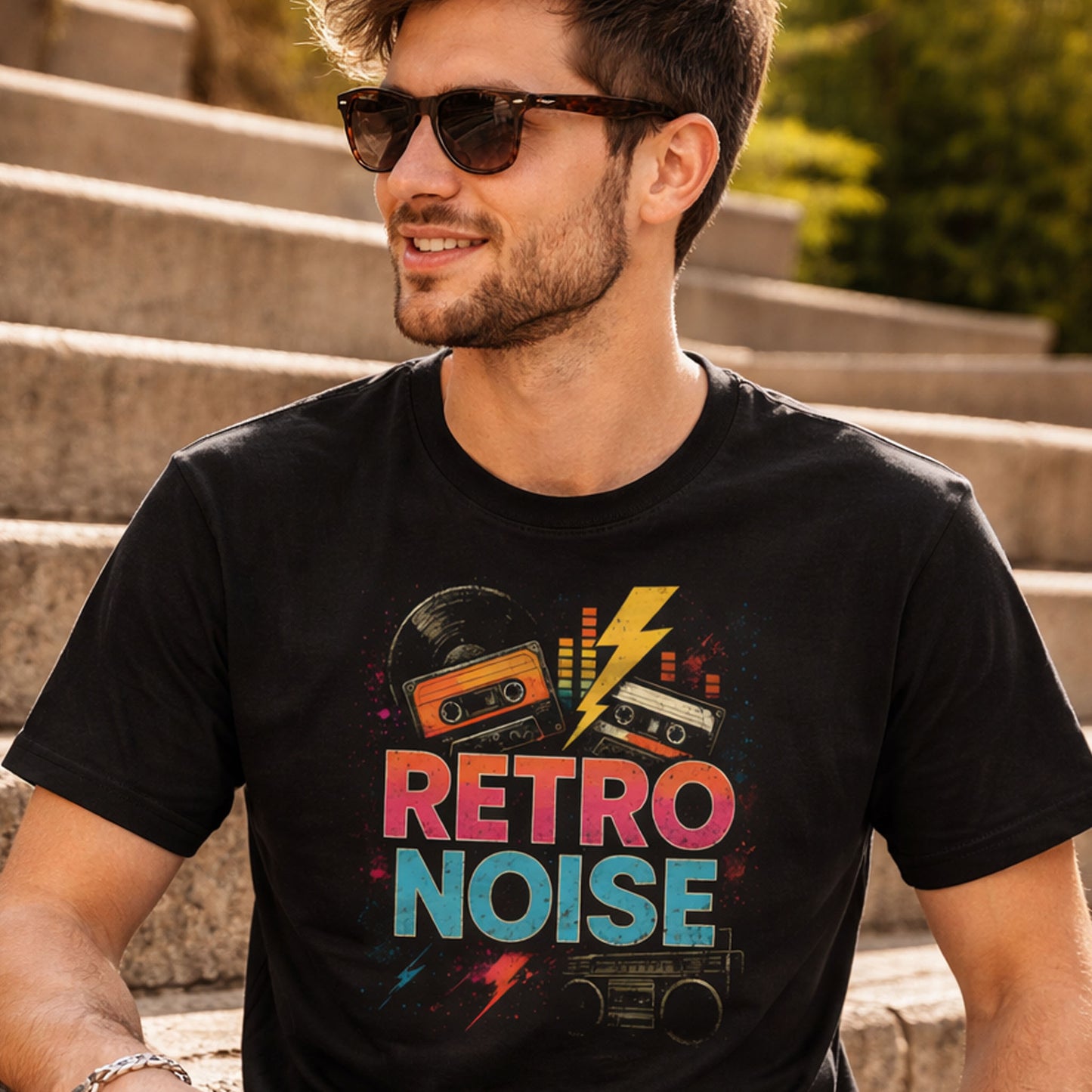 "Retro Noise" 80s Cassette Tape Graphic T-Shirt – Vintage Synthwave Music Tee