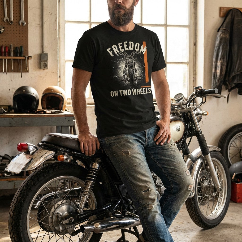 Freedom On Two Wheels Motorcycle T-Shirt - Men's Black Biker Tee | WildVero