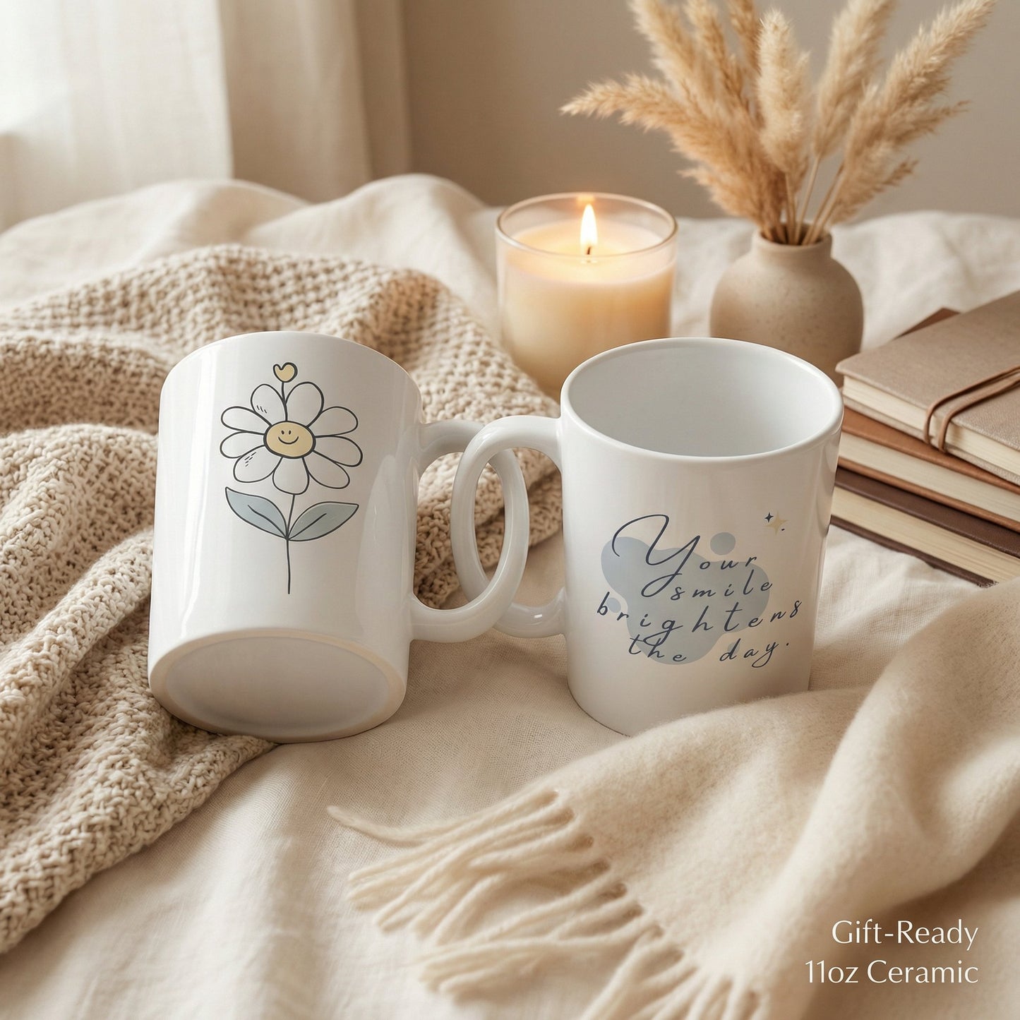 Your Smile Brightens the Day Mug 11oz – Cute Daisy Ceramic Coffee Mug, Sublimation Gift Cup