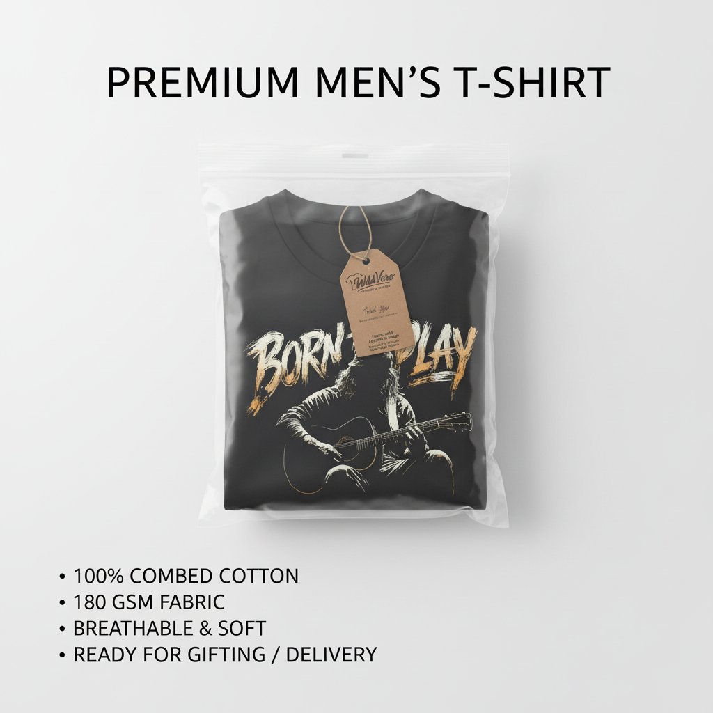 Folded black t-shirt with 'Born to Play' graphic and tag, on a white background.